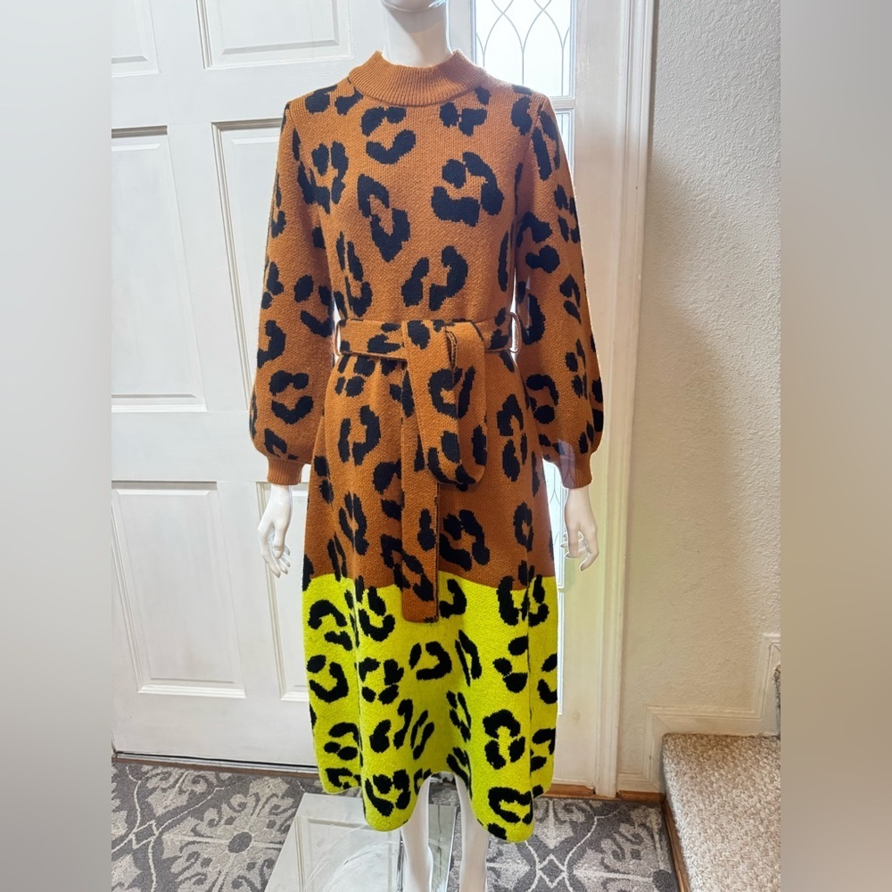 FARM RIO X ANTHROPOLOGIE Leopard Colorblock SWEATER DRESS- SIZE SMALL - Picture 3 of 14